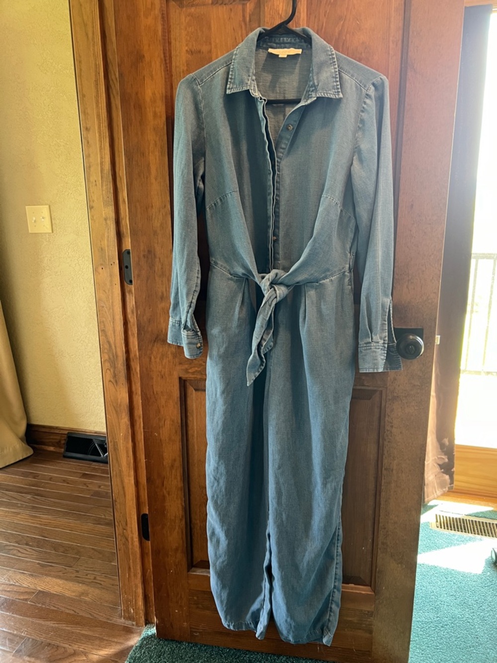 LOFT Washed Blue Denim Tie-Waist Jumpsuit.  Worn Once. Front pockets.